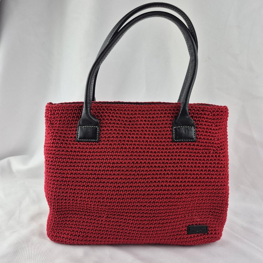 The Sak Red Crochet Double Faux Leather Handles & Trim Top Zip Shoulder Bag